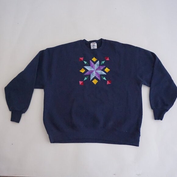 Sweaters - Vintage Jerzees Navy Geometric Star Quilt Embroidered Cotton Crew Sweatshirt XL